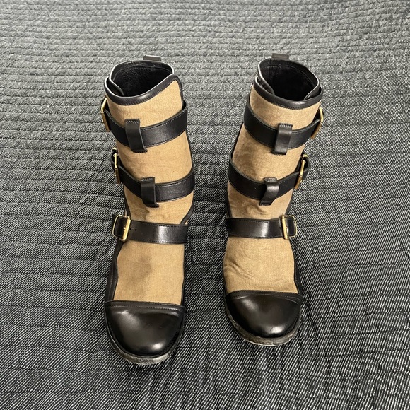 Burberry Butterfield Black and Tan Combat Boots with Gold Buckle Straps - Picture 1 of 11